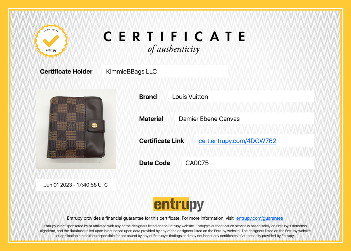 Authentic Louis Vuitton Damier Ebene Compact Zip Wallet