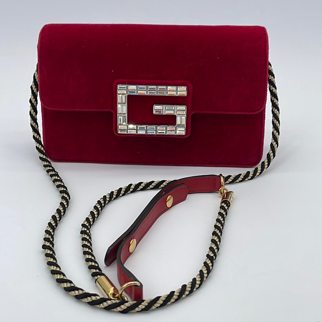 Preloved Gucci Red G Broadway Velvet Jeweled Velvet Crossbody Bag