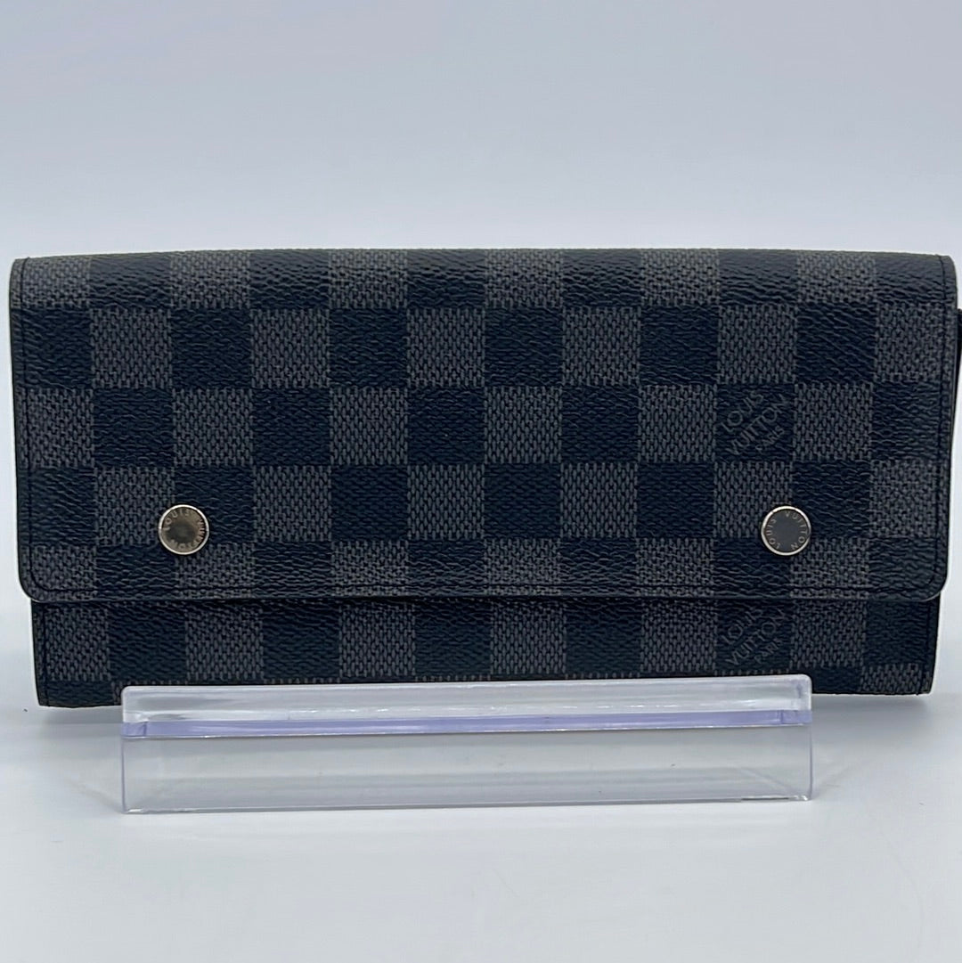 Louis Vuitton LV Damier Graphite Accordion Long Wallet Black with Chain
