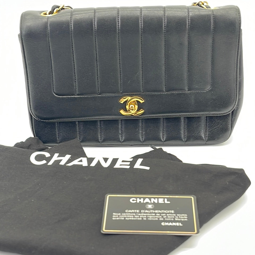 Chanel Vintage Vertical Messenger Bag, Black Lambskin Leather, Gold Plated  Hardware, Preowned - No Dustbag