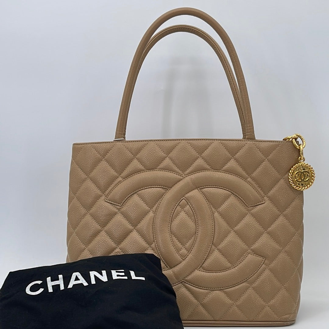 Chanel Vintage Caviar Leather Medallion Tote Bag Light Beige