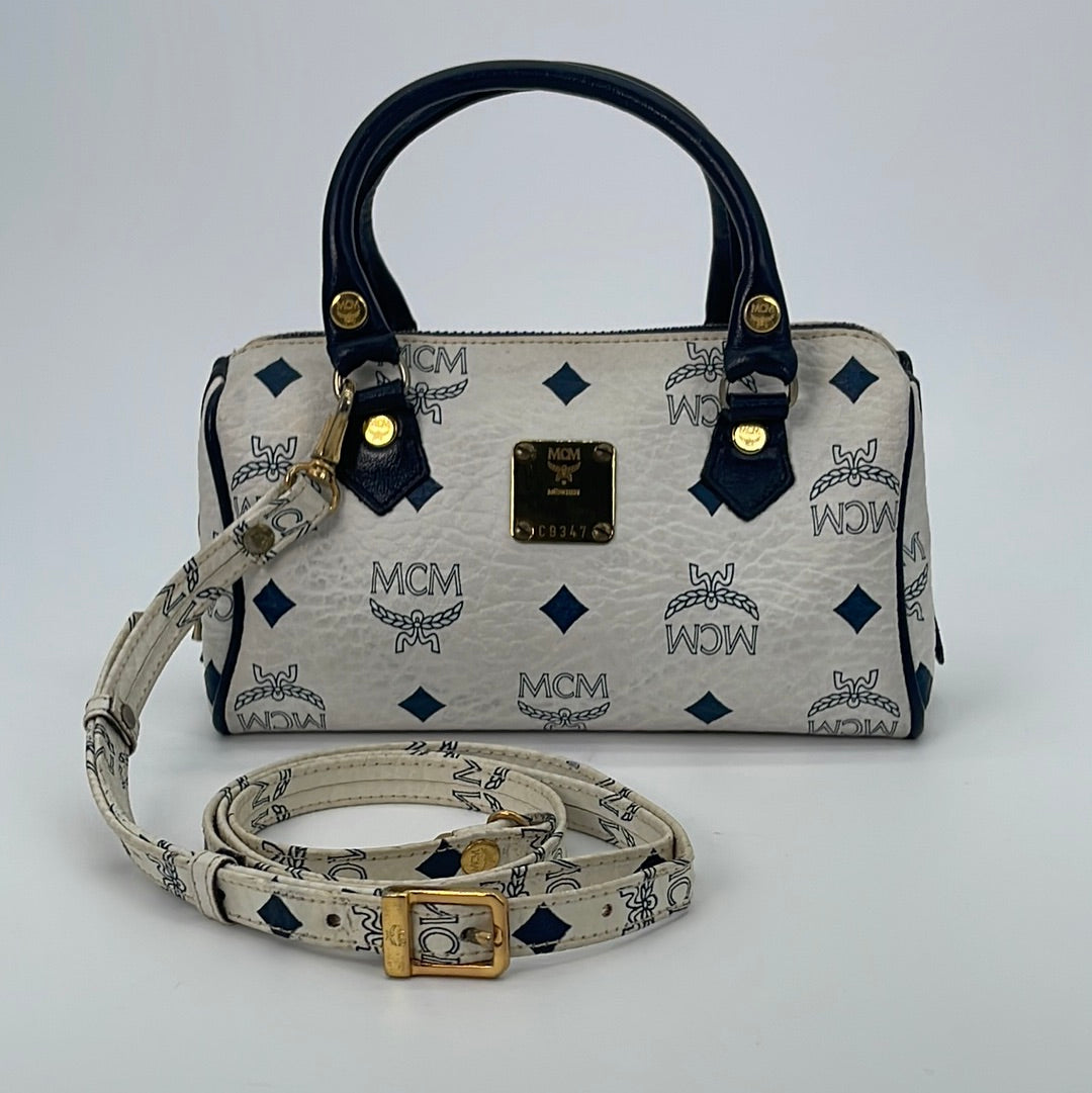 MCM White/Blue Visetos Princess Lion Coated Canvas and Leather Boston Bag  at 1stDibs