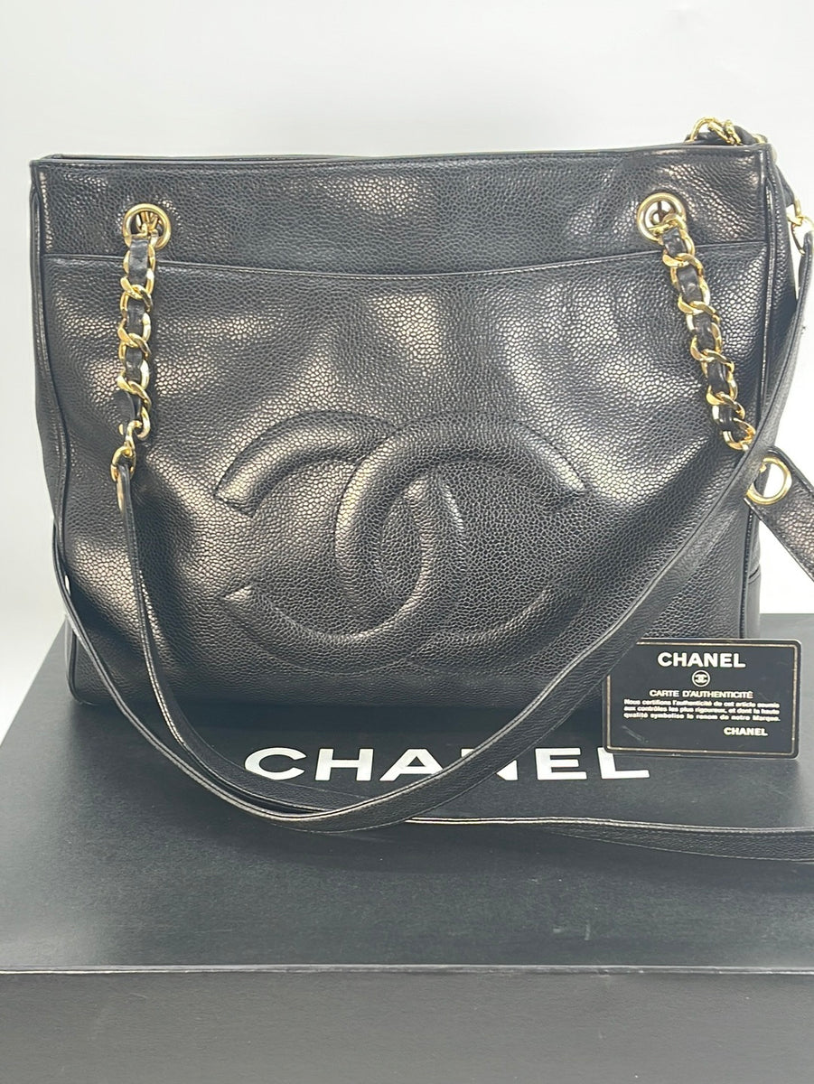 Chanel 1991 Vintage Black Lambskin CC Medallion Tote Bag