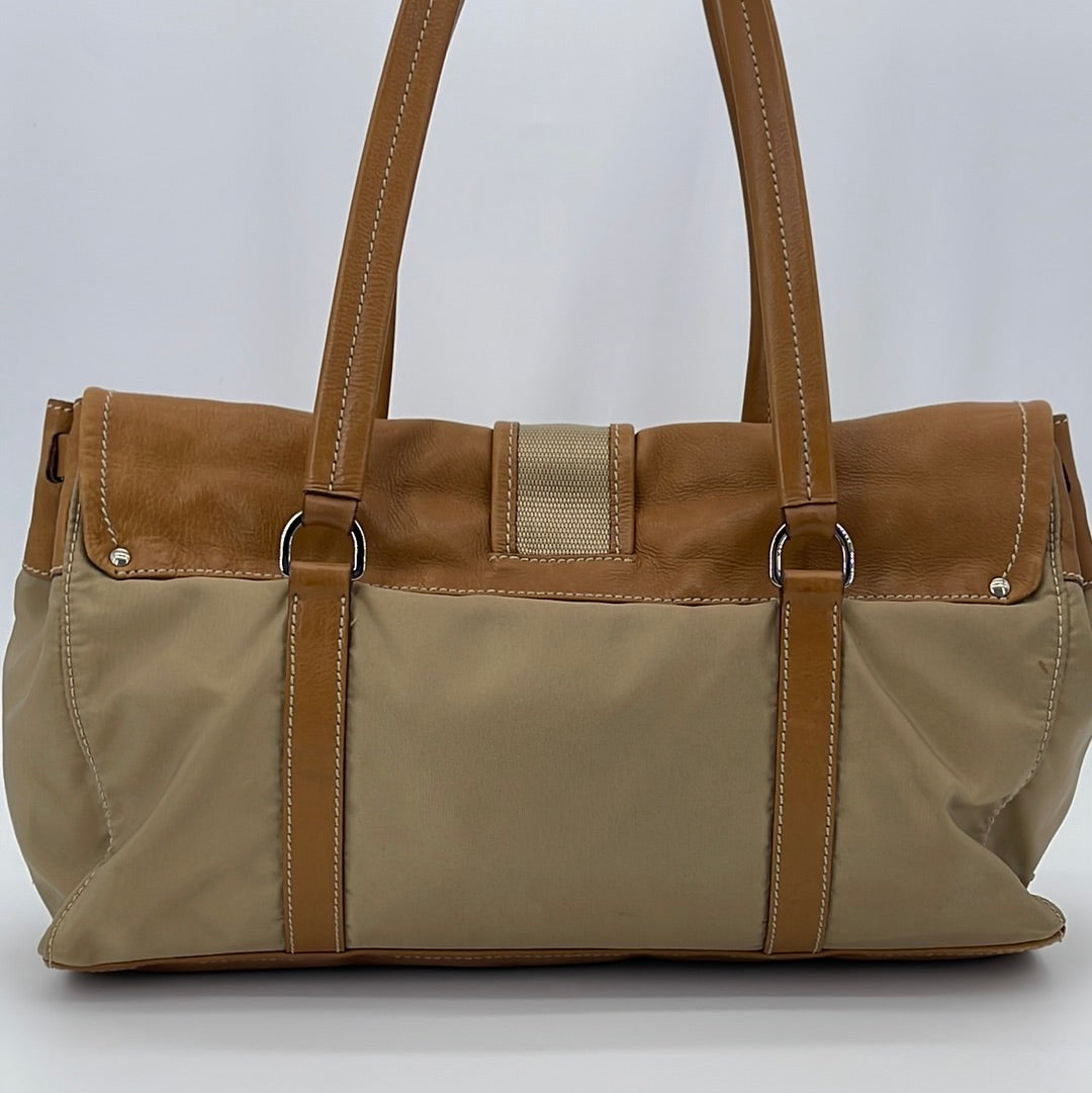 PRADA BROWN CANVAS BUCKLE SHOULDER BAG