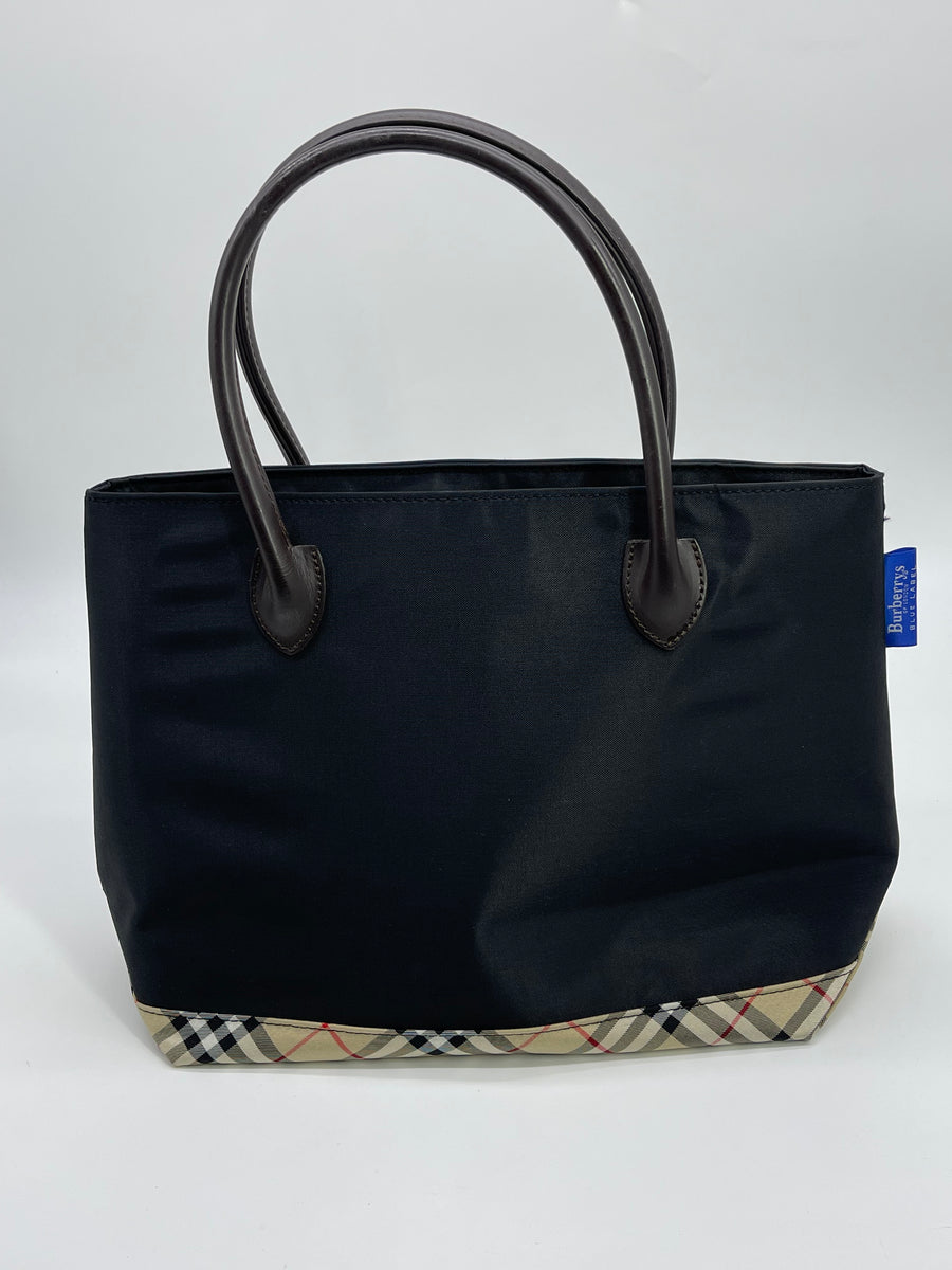 Preloved Burberry Blue London Canvas Tote With Black Leather Handles B ...