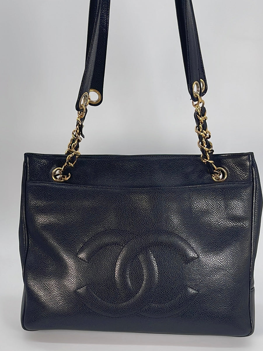 CHANEL Vintage CC Chain Caviar Leather Shopping Tote Bag Black