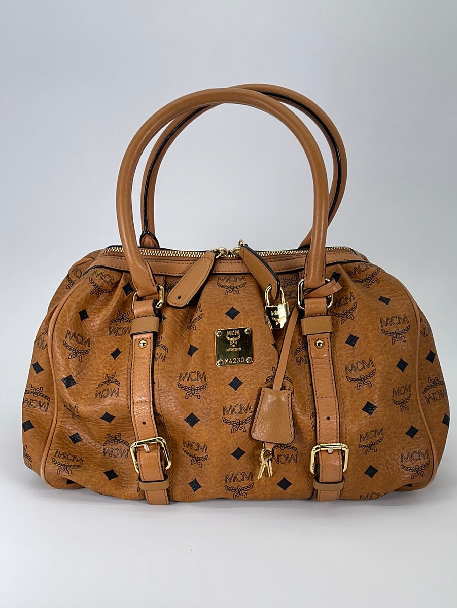 MCM Cognac Visetos Coated Canvas Stark Weekender Duffel Bag MCM