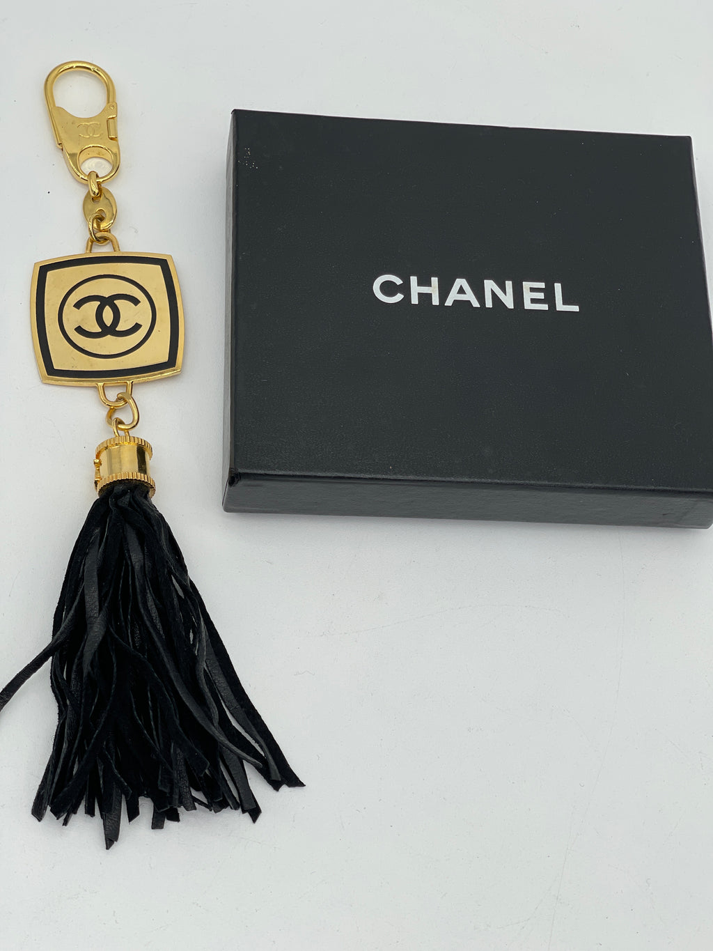 Preloved CHANEL Gold Metal and Black leather Tassel Bag Charm/Key Holder. 080124 P