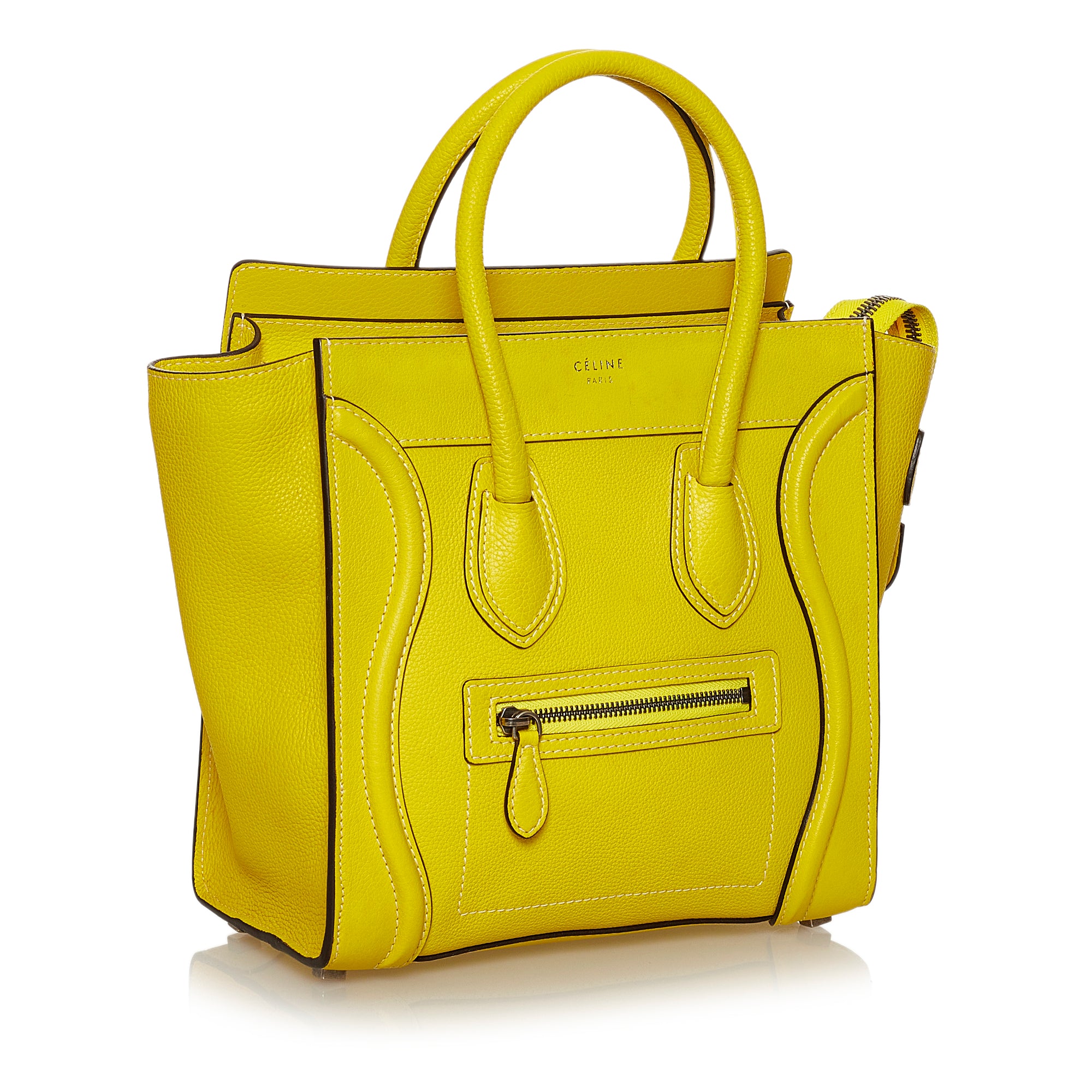 CELINE Mini Luggage Tote Citron Yellow AUTHENTIC Drummed Calfskin Bag