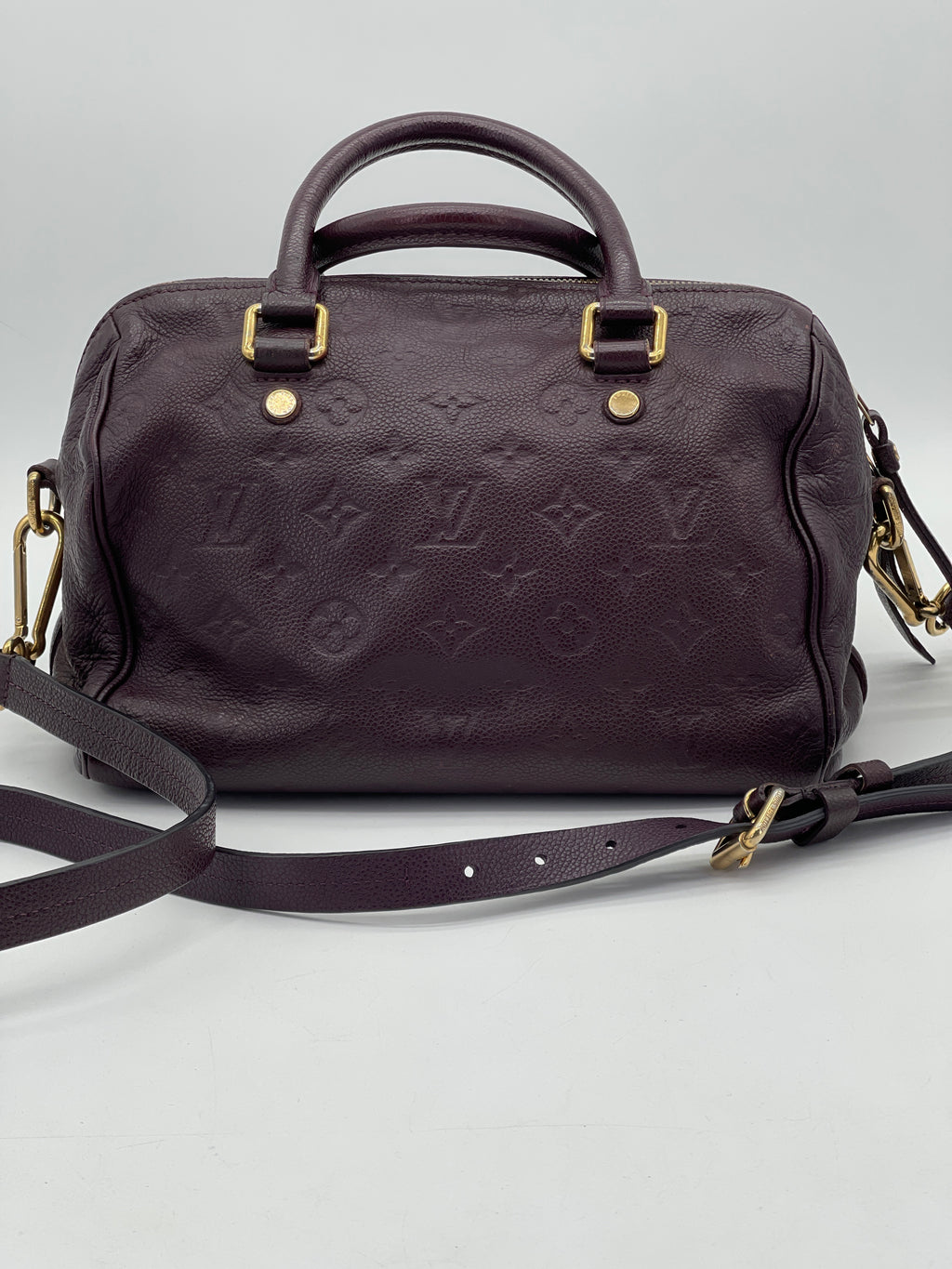 PRELOVED Louis Vuitton Purple Monogram Empreinte leather Speedy 25 Bandolier Bag includes crossbody strap. J6TH8B7 110524 P