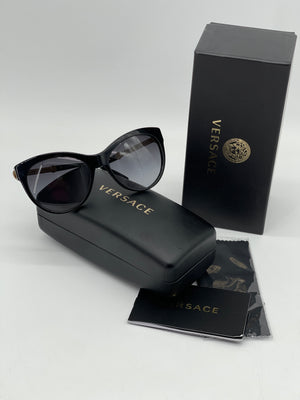 Pre Loved Versace Black Cat eye Chain Medusa Head Sunglasses with gold metal stems with Black Gradient lenses. BV00741214F 100724 P