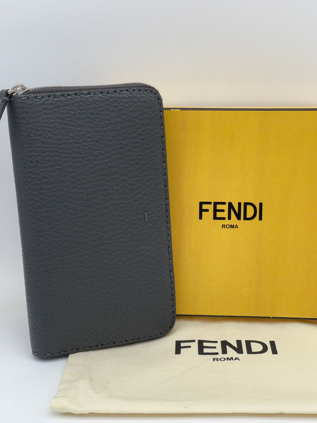 Preloved FENDI Grey/green Leather Selleria Zippy Organizer Wallet. JB238HY 100724 P