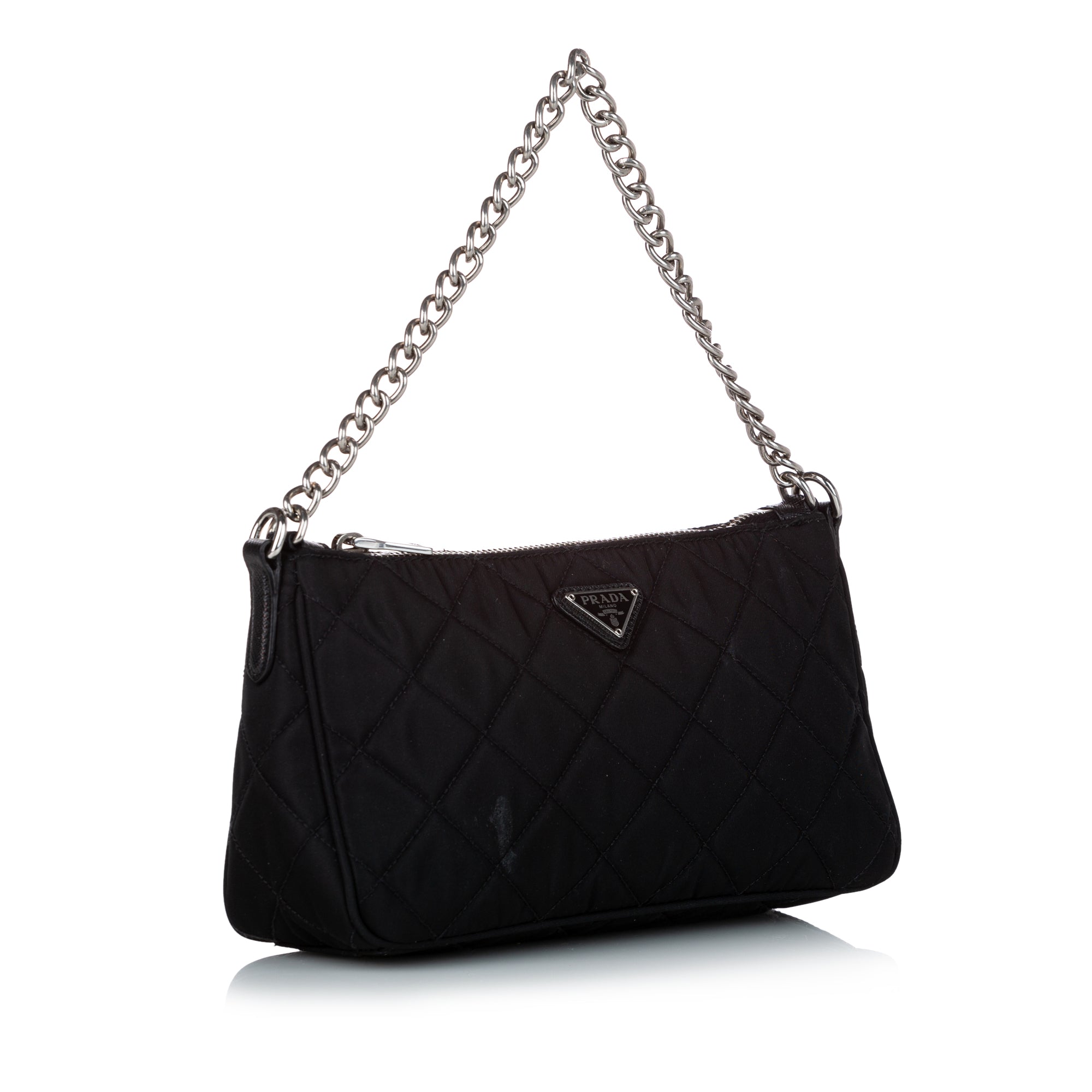 Prada Black Nylon Silver Chain Pochette Small Top Handle Shoulder