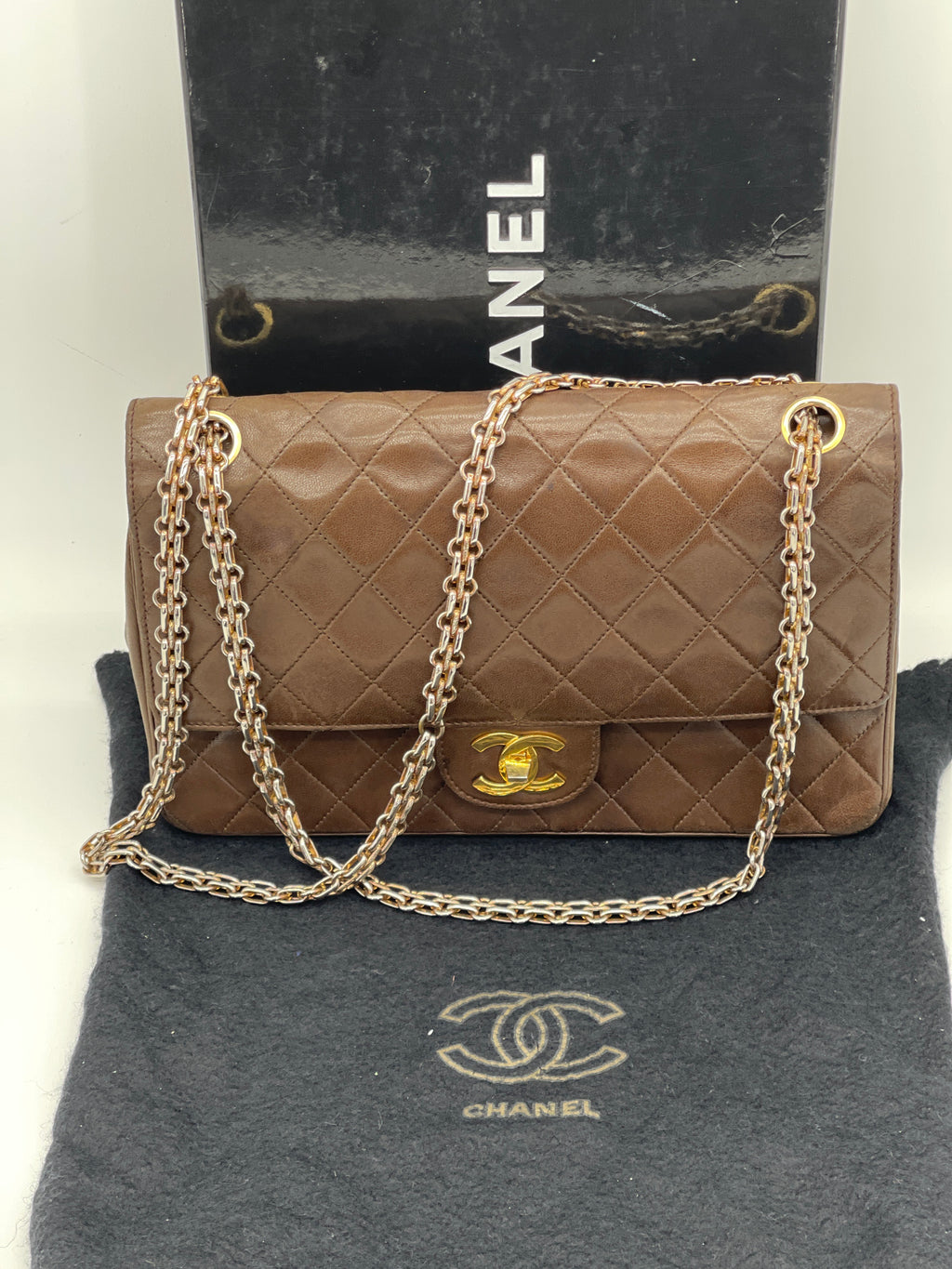 Preloved CHANEL Brown Lambskin Medium Double Flap Matelasse Chain Shoulder Bag. 7RRBXKG 081224 P