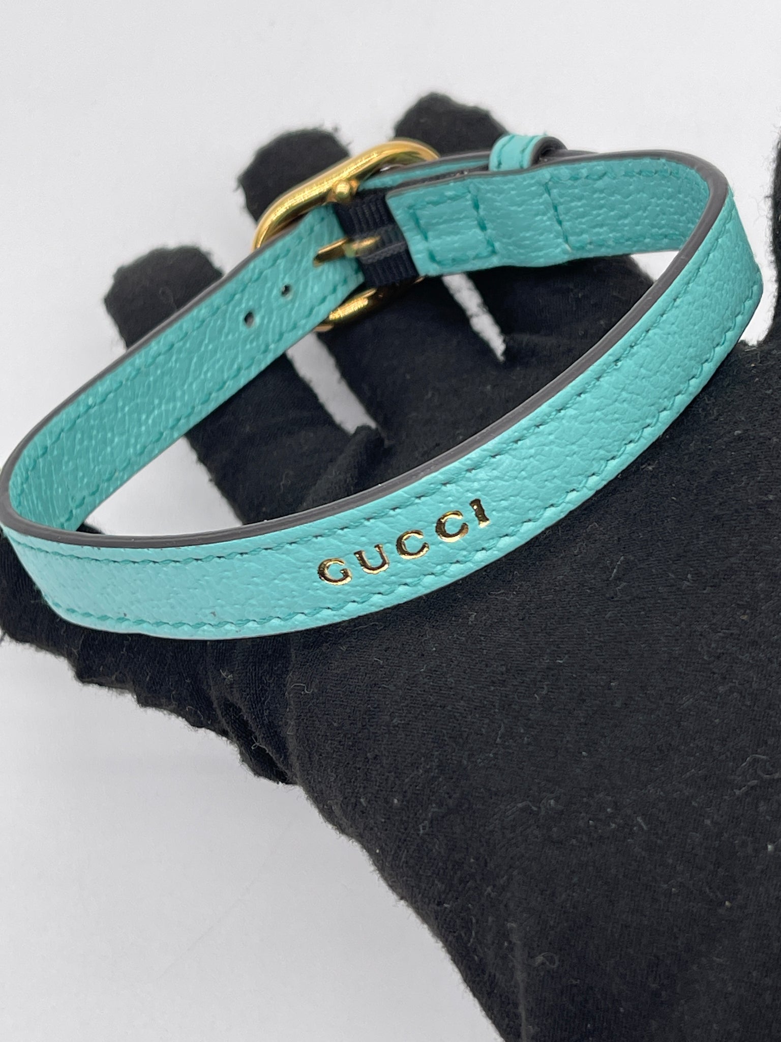 Preloved Gucci Teal Leather Pet Collar 072324 H