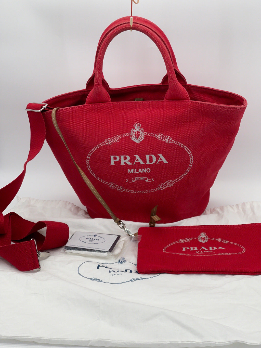 Preloved Prada  Red Canvas 2 way Canapa Medium Convertible Shopping Tote with Zip Pouch. 694D2B6 071724 G