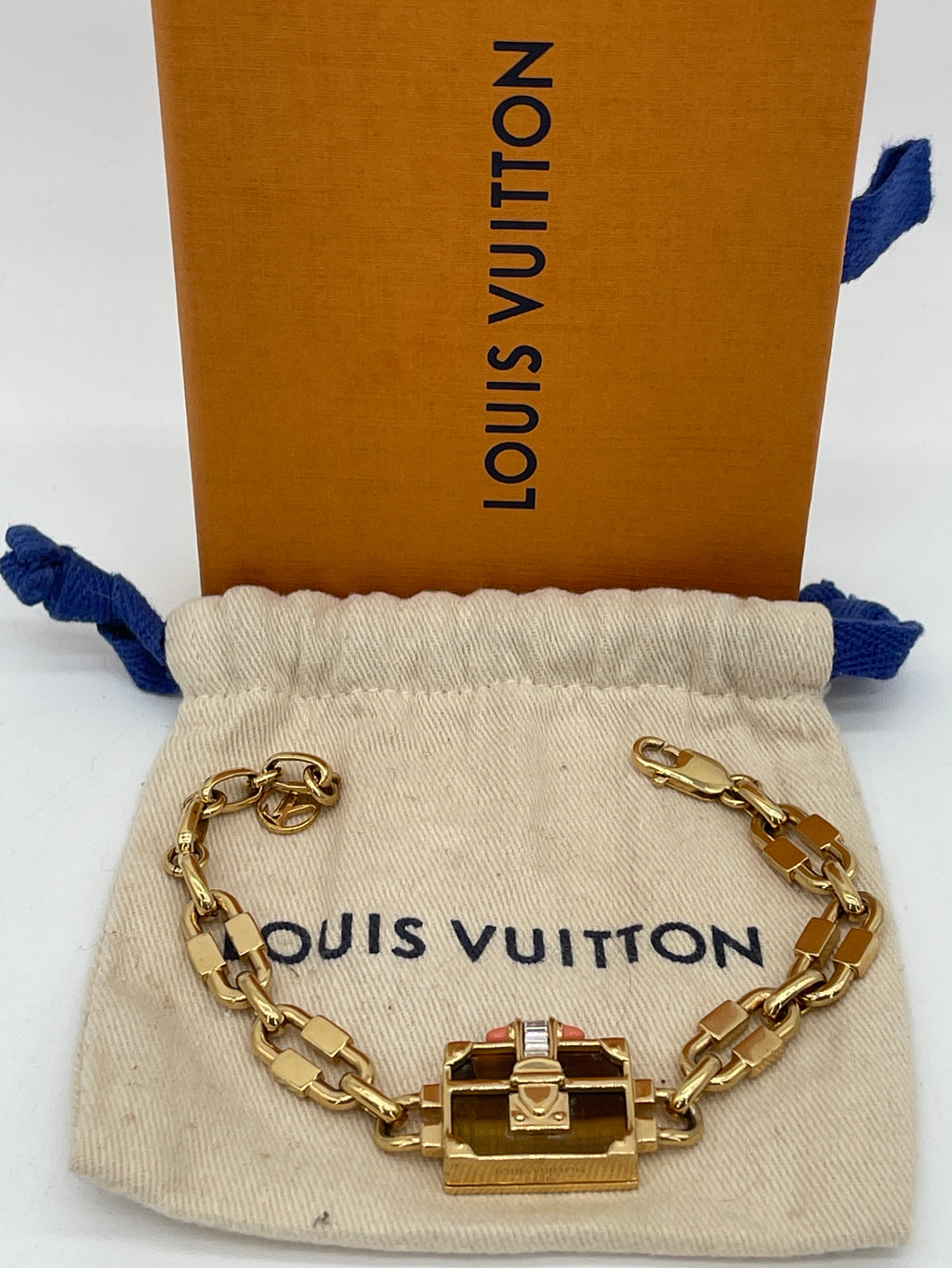 PRELOVED Louis Vuitton Gold Petite Malle Bracelet - Plated Brass, Brown Stone, Resin and Crystal Bracelet. LE0196 102124 H