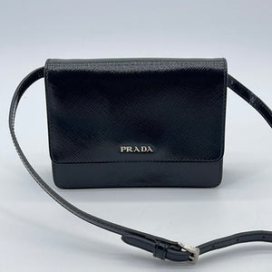 Preloved Prada Black Vernice Saffiano Leather Small Wallet on Strap CCD6GHR 030124 H