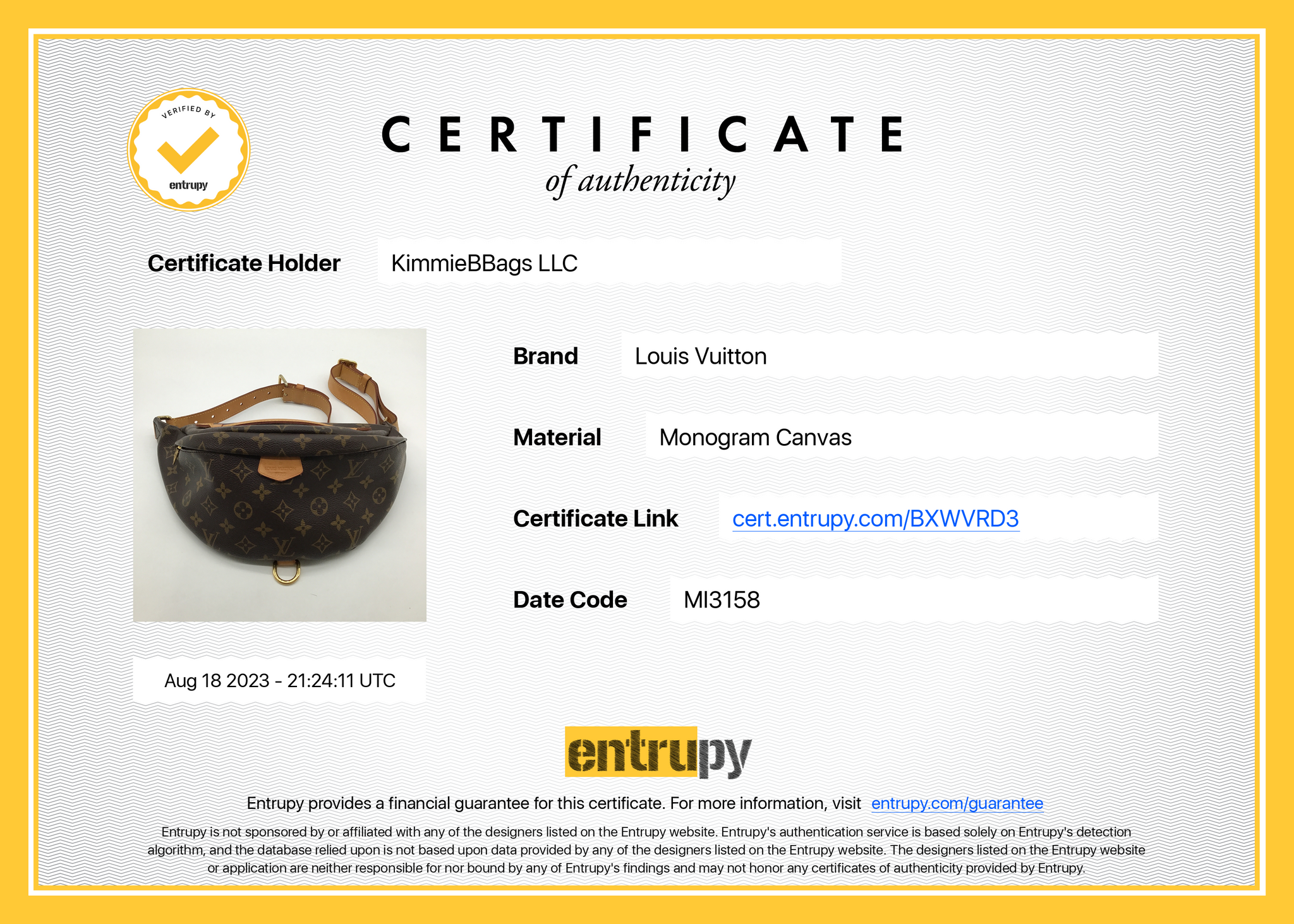 Entrupy or Real Authentication Certificate of Authenticity