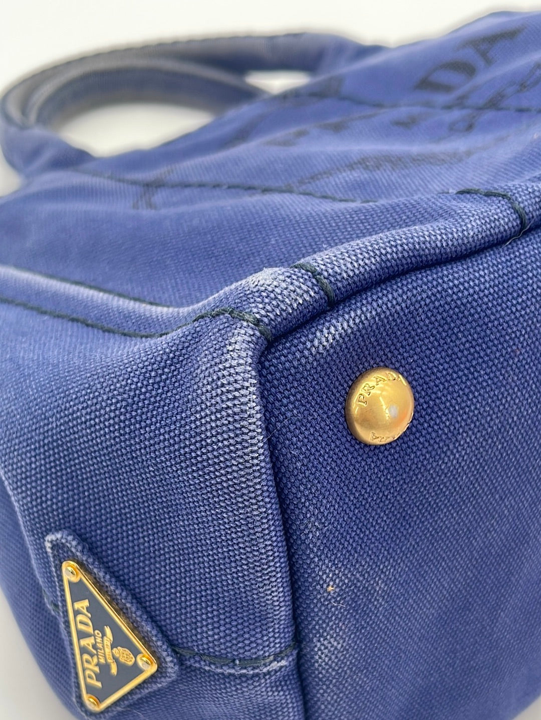 Pre-owned Prada Logo-jacquard Denim Tote Bag In Blue
