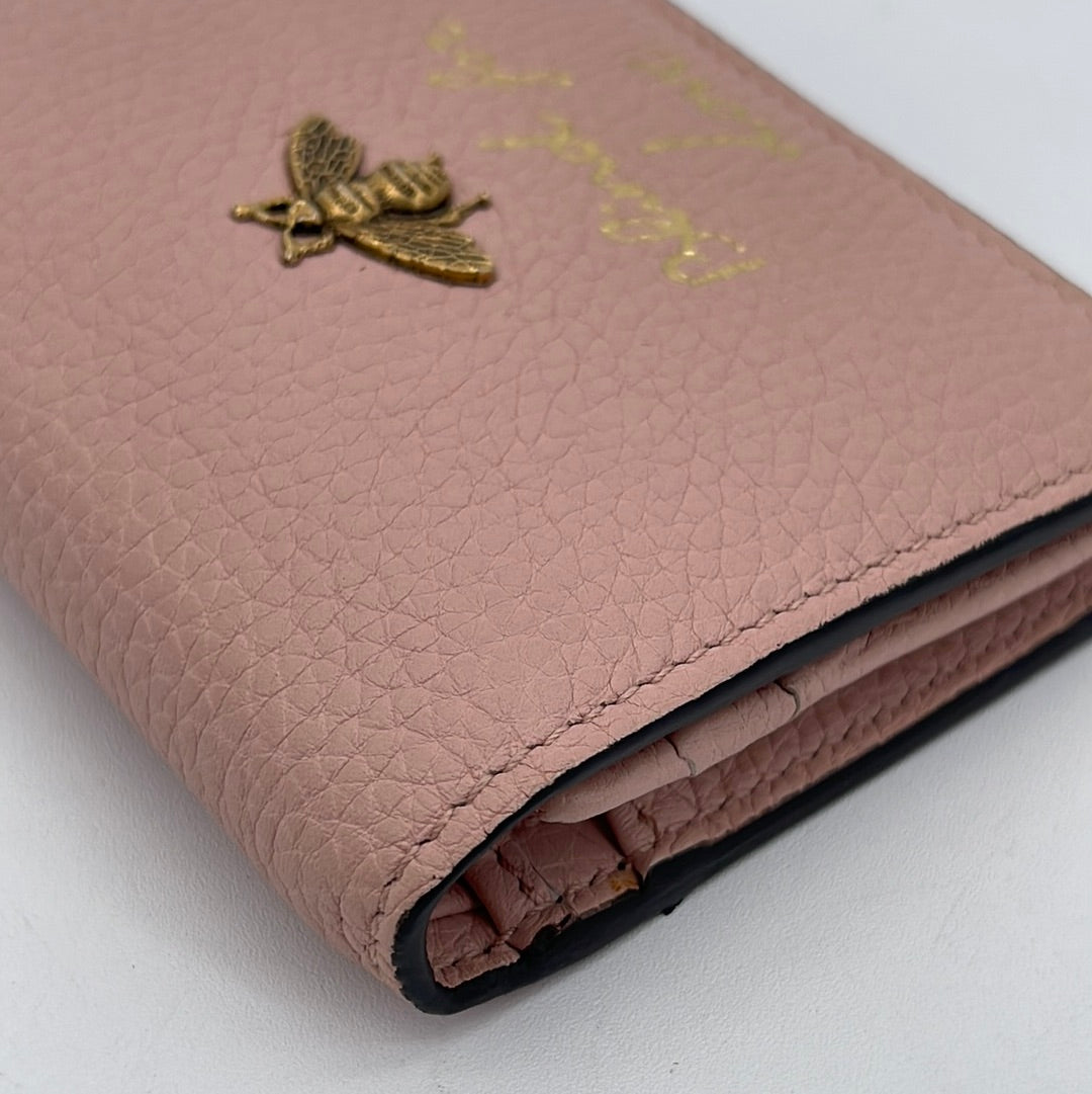 GUCCI Animalier Compact Wallet Bee Motif Leather Light Pink