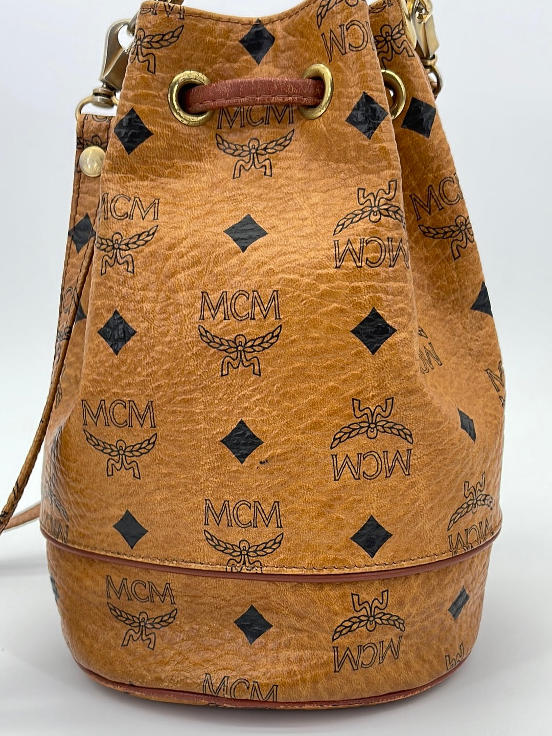 Mcm Drawstring Visetos Canvas Bucket Bag Cognac