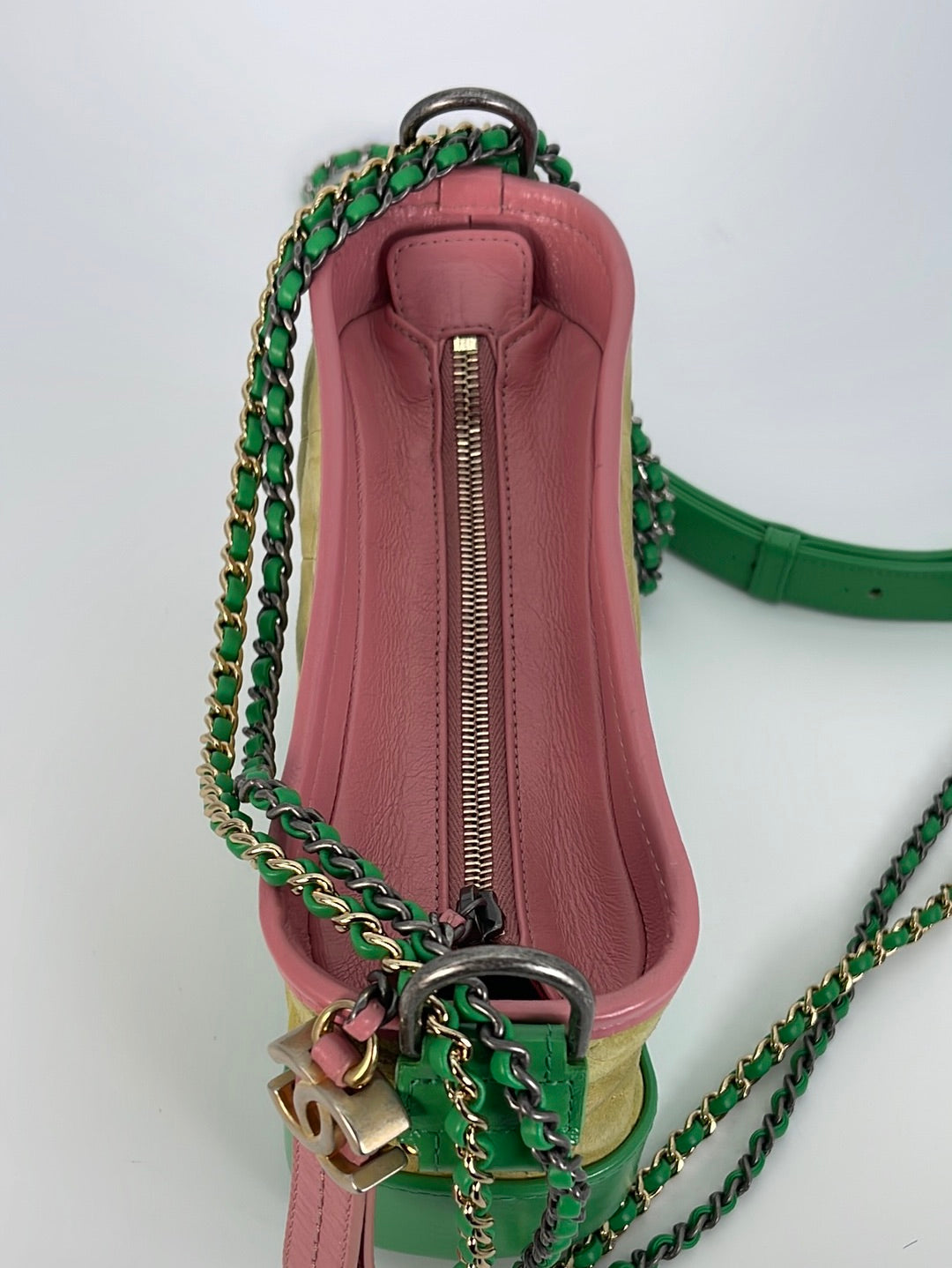 CHANEL Gabrielle Green Yellow Pink Leather Suede Chain Shoulder Crossbody  Bag
