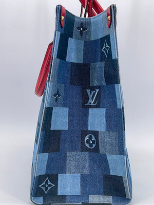LOUIS VUITTON, DAMIER PATCHWORK ONTHEGO TOTE IN DENIM AND LEATHER WITH  GOLD TONE HARDWARE, Handbags & Accessories, 2020