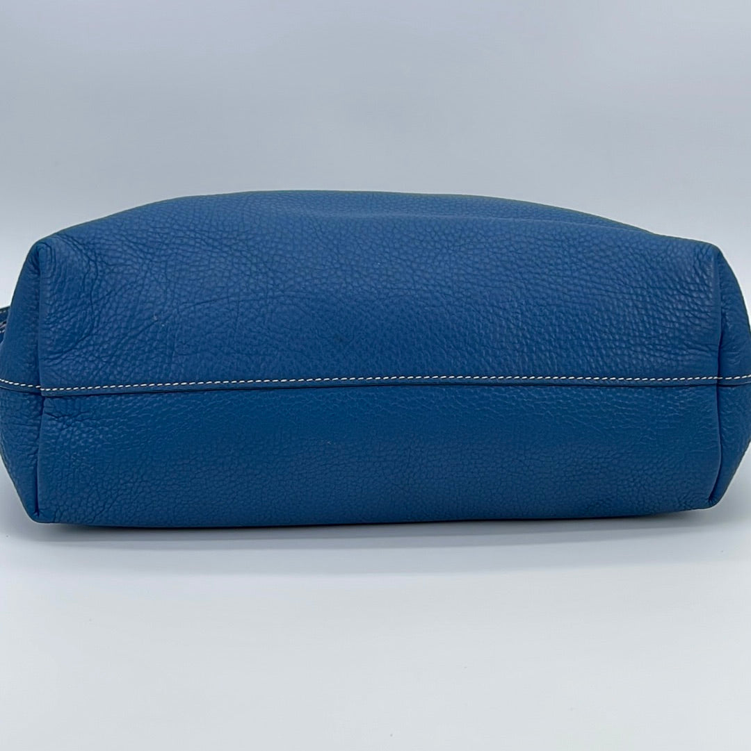 PRADA Vitello Daino blue leather gold logo double zip crossbody messenger  bag at 1stDibs