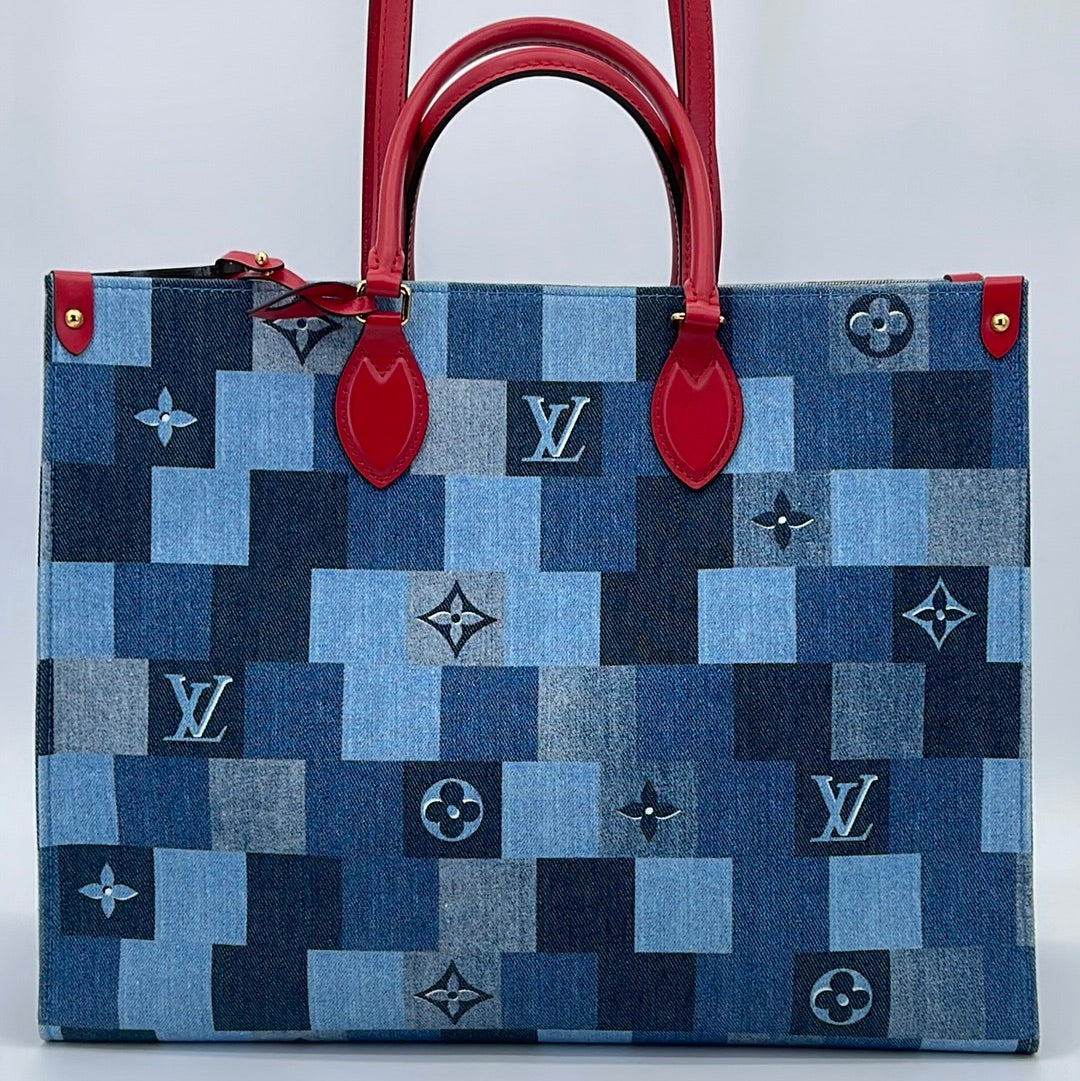 LIMITED EDITION Louis Vuitton OnTheGo Tote Damier and Monogram Patchwork Denim GM Tote 051723