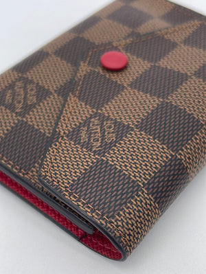 Authenticated Used LOUIS VUITTON Louis Vuitton Portefeuille Victorine  Trifold Wallet N60149 Damier Canvas Sequin Brown Patches Embroidery Flower  