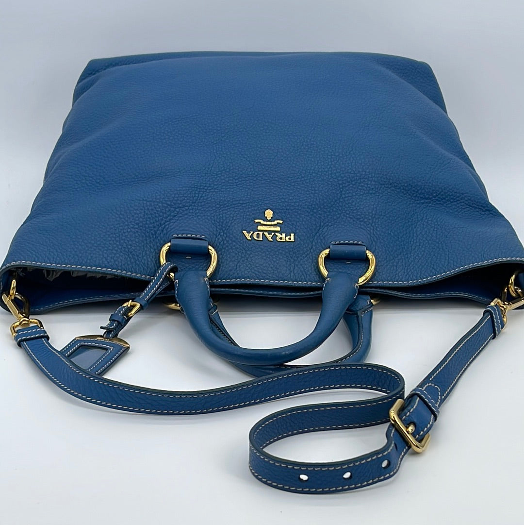 AUTH PRADA Marine Blue Vitello Daino Leather HOBO BAG Satchel Preloved Very  Good