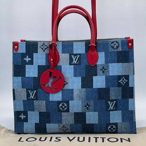 Louis Vuitton Blue and Red Damier Monogram Patchwork Denim Neverfull mm Gold Hardware, 2019 (Like New), Blue/Red Womens Handbag