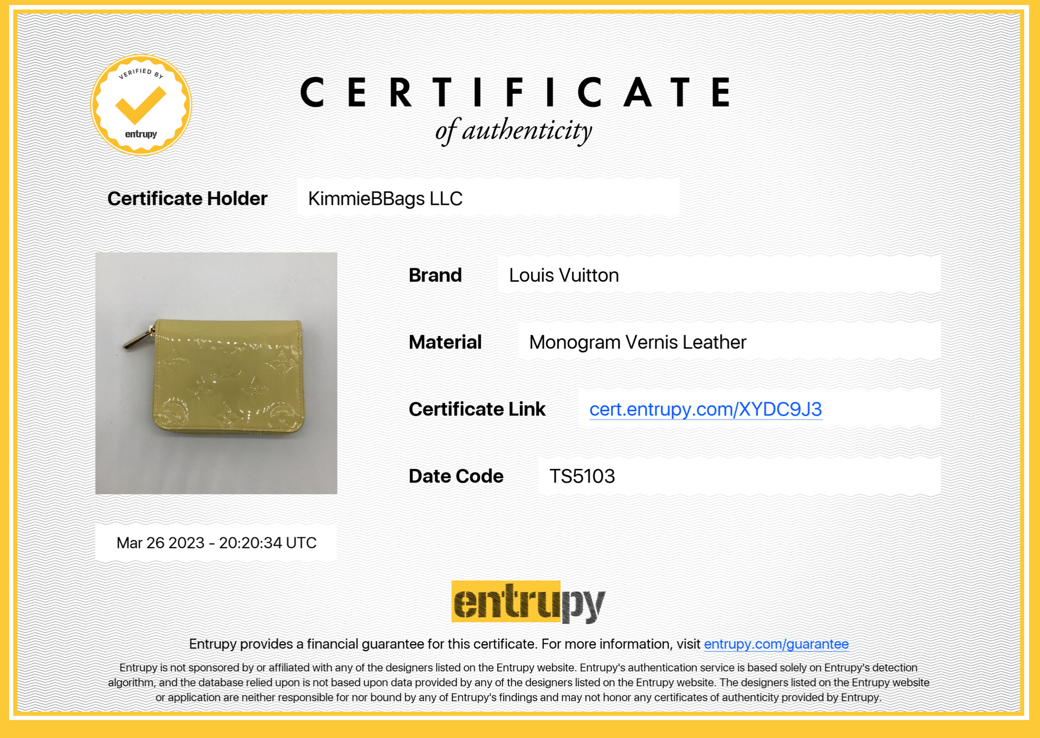 PRELOVED Louis Vuitton Yellow Vernis Zippy Coin Purse TS5103