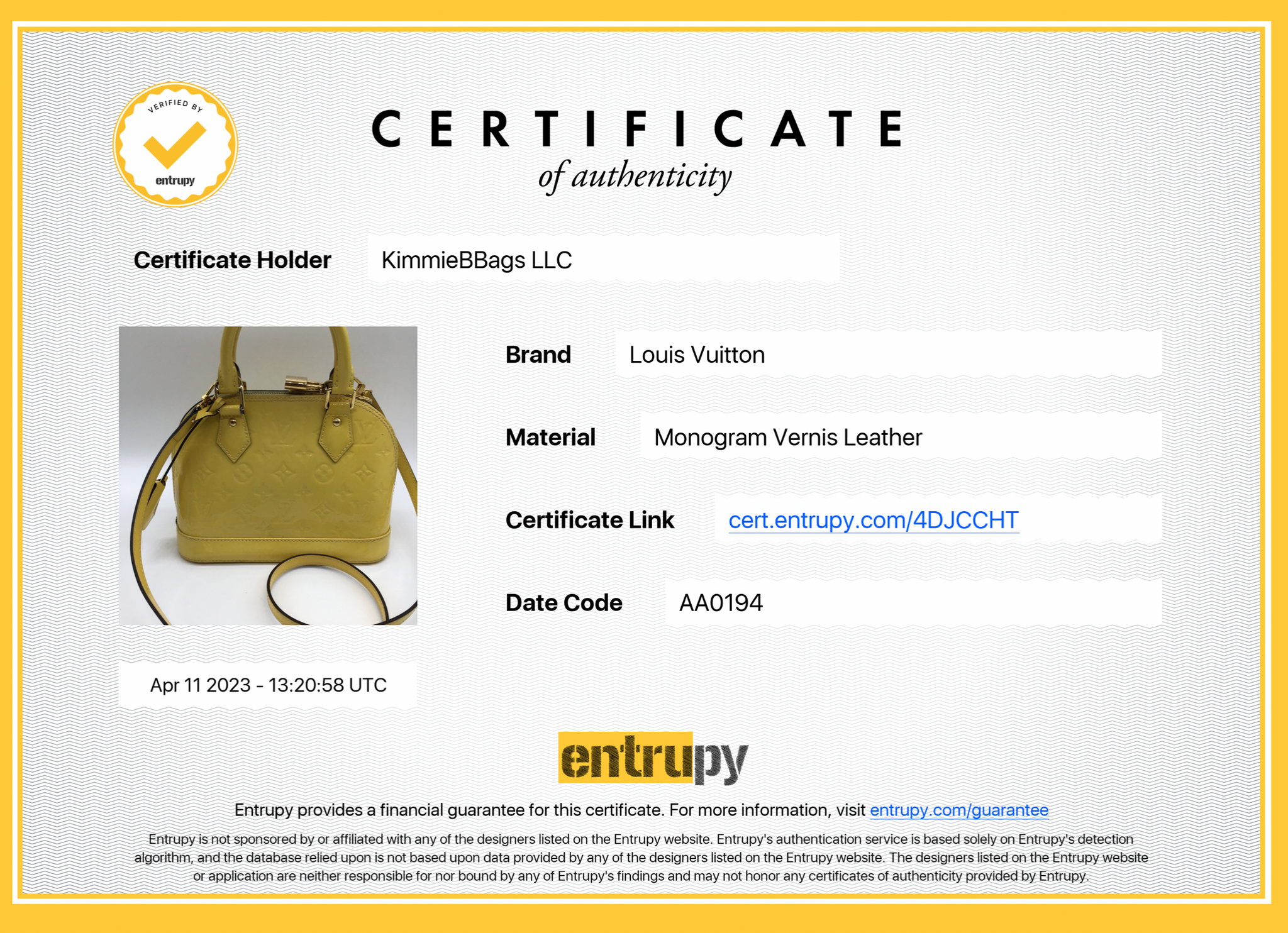 Louis Vuitton, Bags, Authentic Like New Louis Vuitton Yellow Vernis Alma  Bb Date Code Aa94