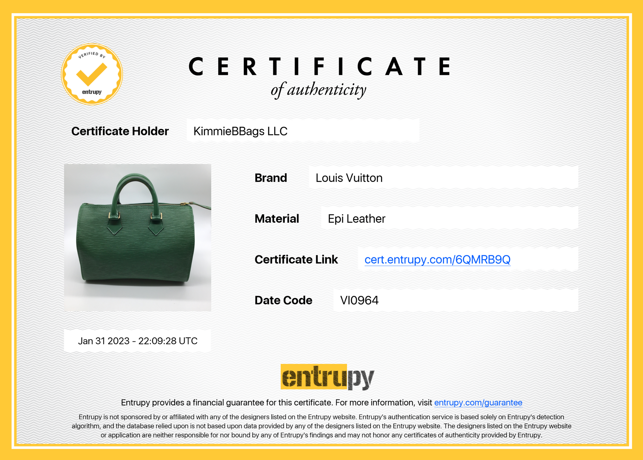 Louis Vuitton Speedy 25 Epi Green Handbag Used (6904)