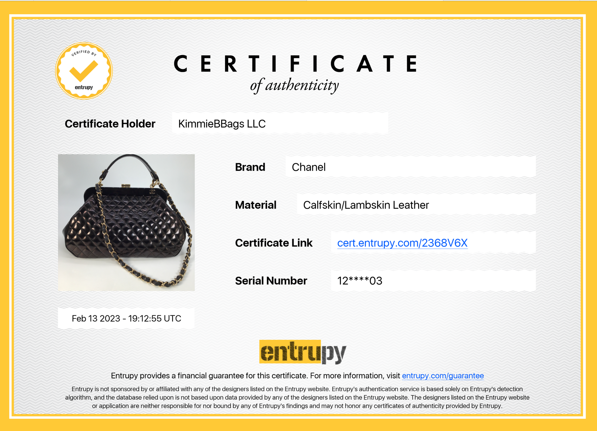 Entrupy Certificate of Authenticity