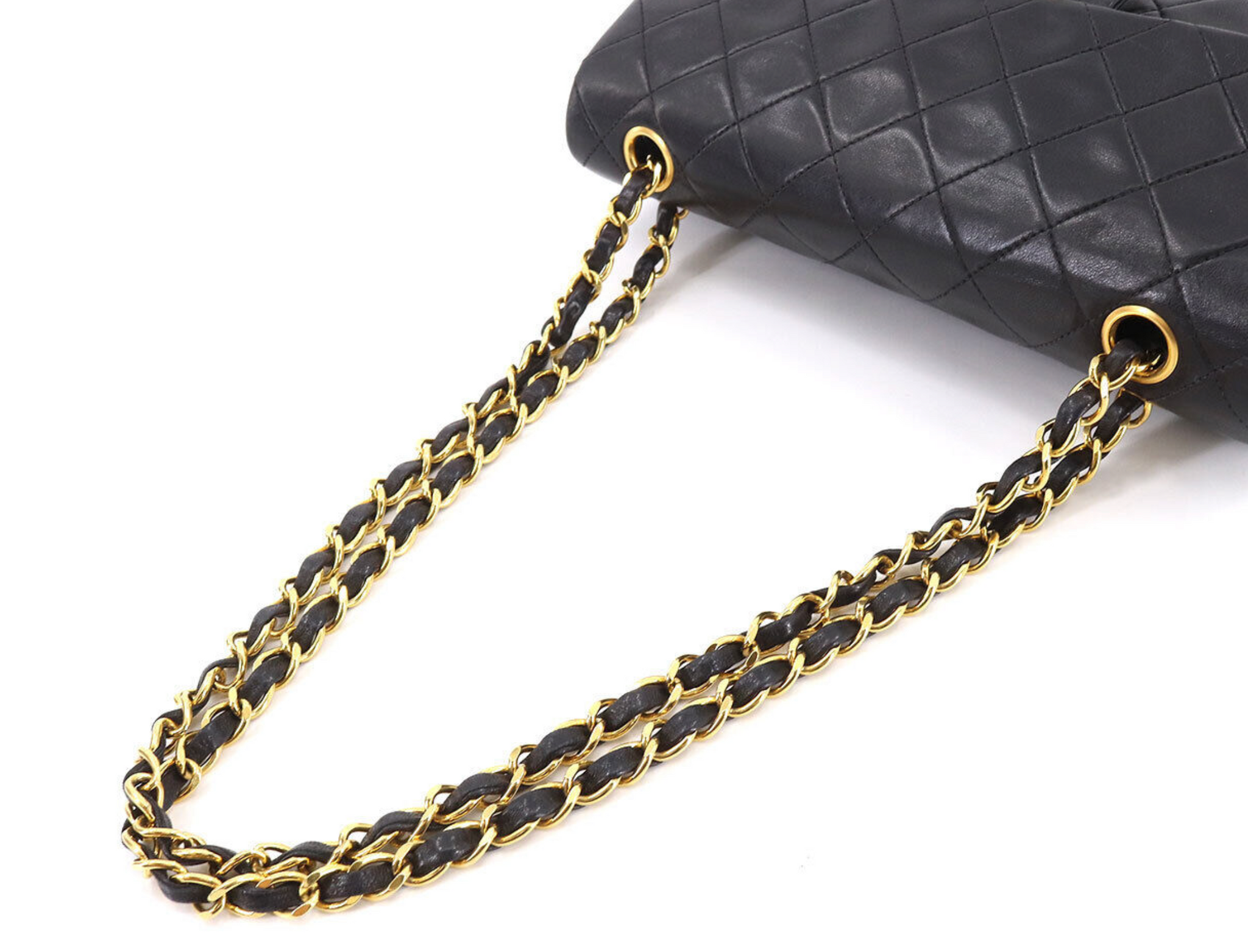 Vintage CHANEL Double Flap 23 Quilted CC Logo Black Lambskin Chain