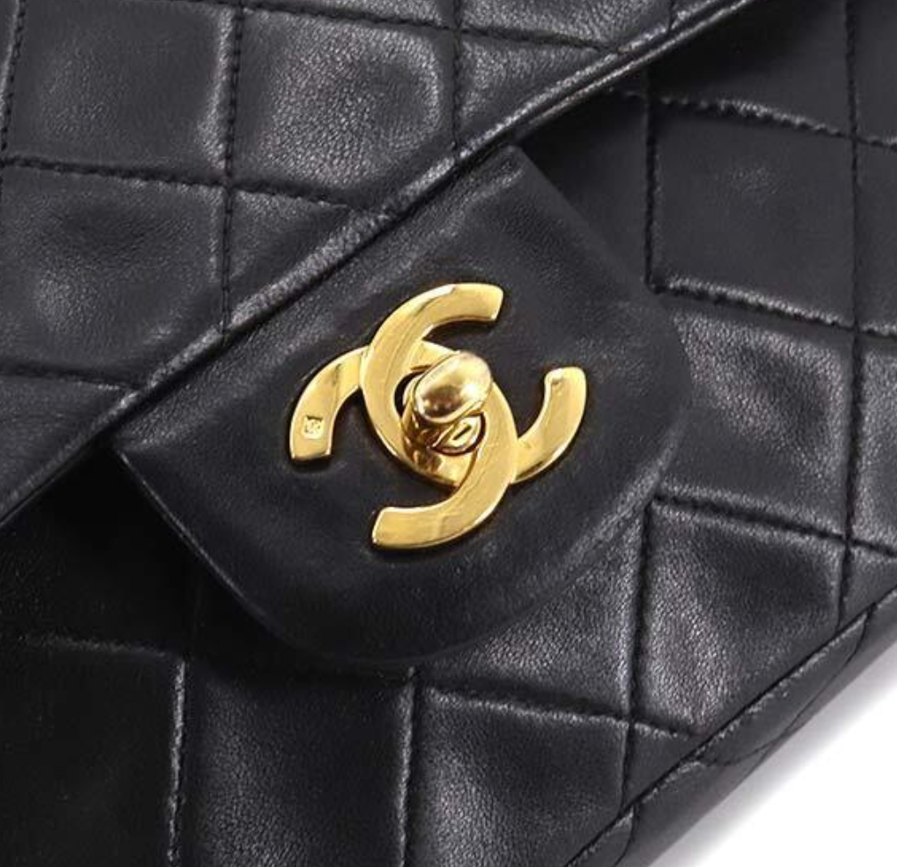 Vintage CHANEL Double Flap 23 Quilted CC Logo Black Lambskin Chain