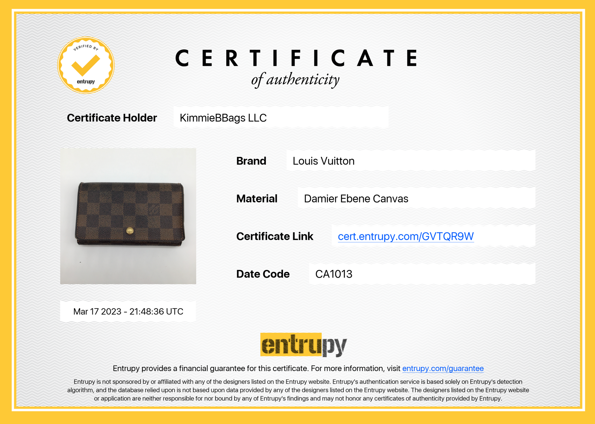 LOUIS VUITTON Damier Ebene Porte Monnaie Billets Tresor Bifold Wallet