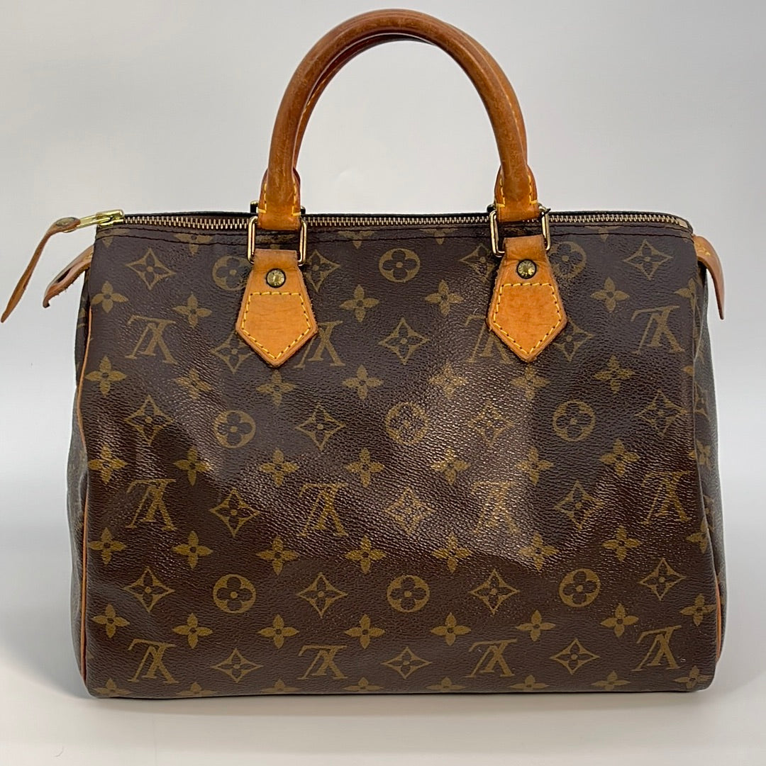 Cream Brown Leather Louis Vuitton Speedy Monogram Canvas Handbags