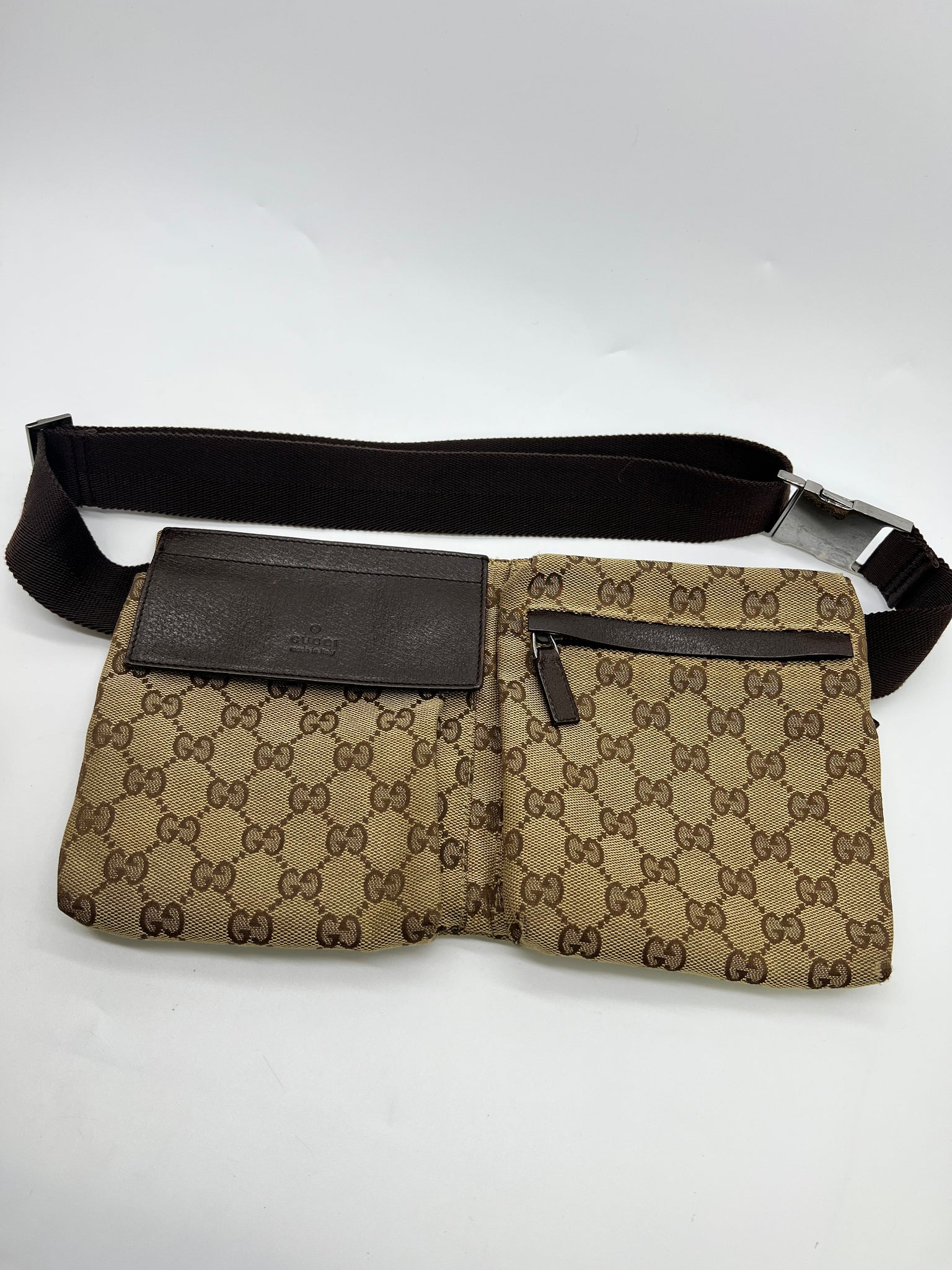 Large GG polyester belt bag in ebony and beige polyester