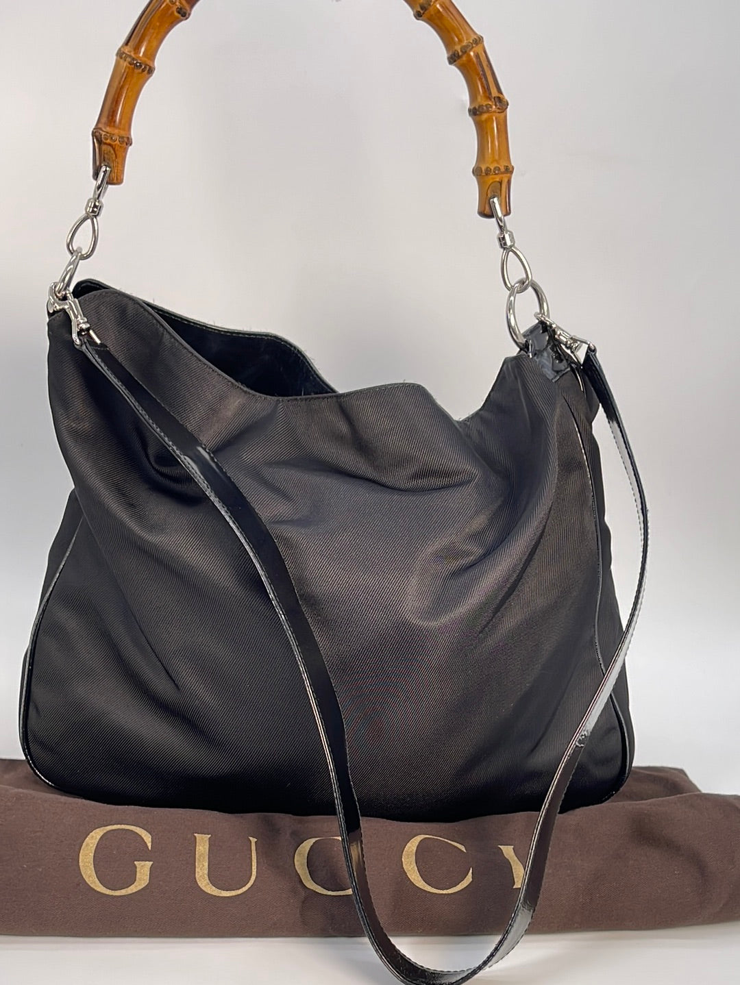 Auth GUCCI Black Leather and Bamboo Handle Tote Shoulder Bag Purse #53252