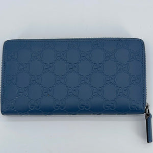 New Gucci Navy Blue Leather Guccissima Web Stripe Long Zip Wallet 408831 