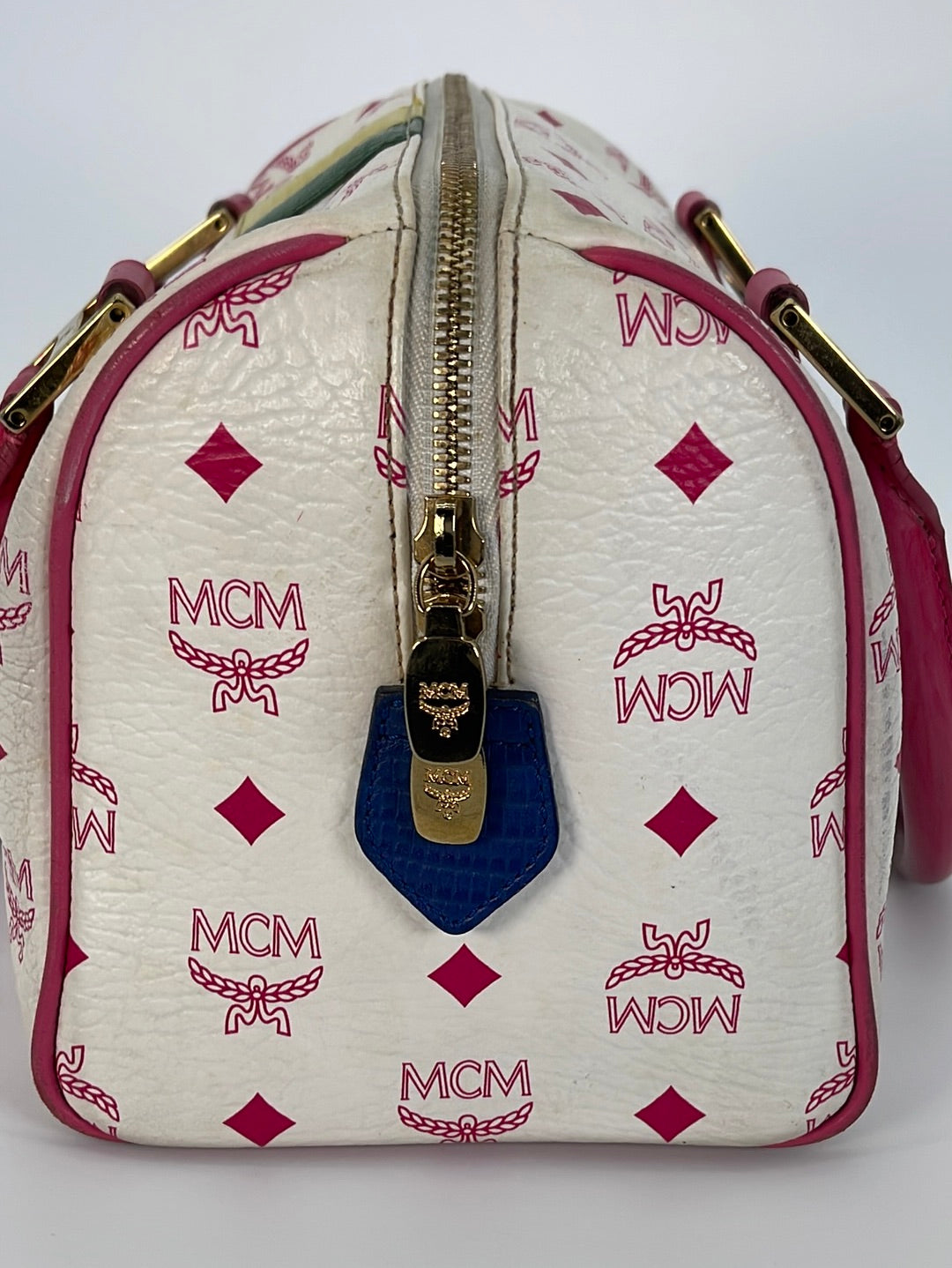MCM White/Blue Visetos Princess Lion Coated Canvas and Leather Boston Bag  at 1stDibs