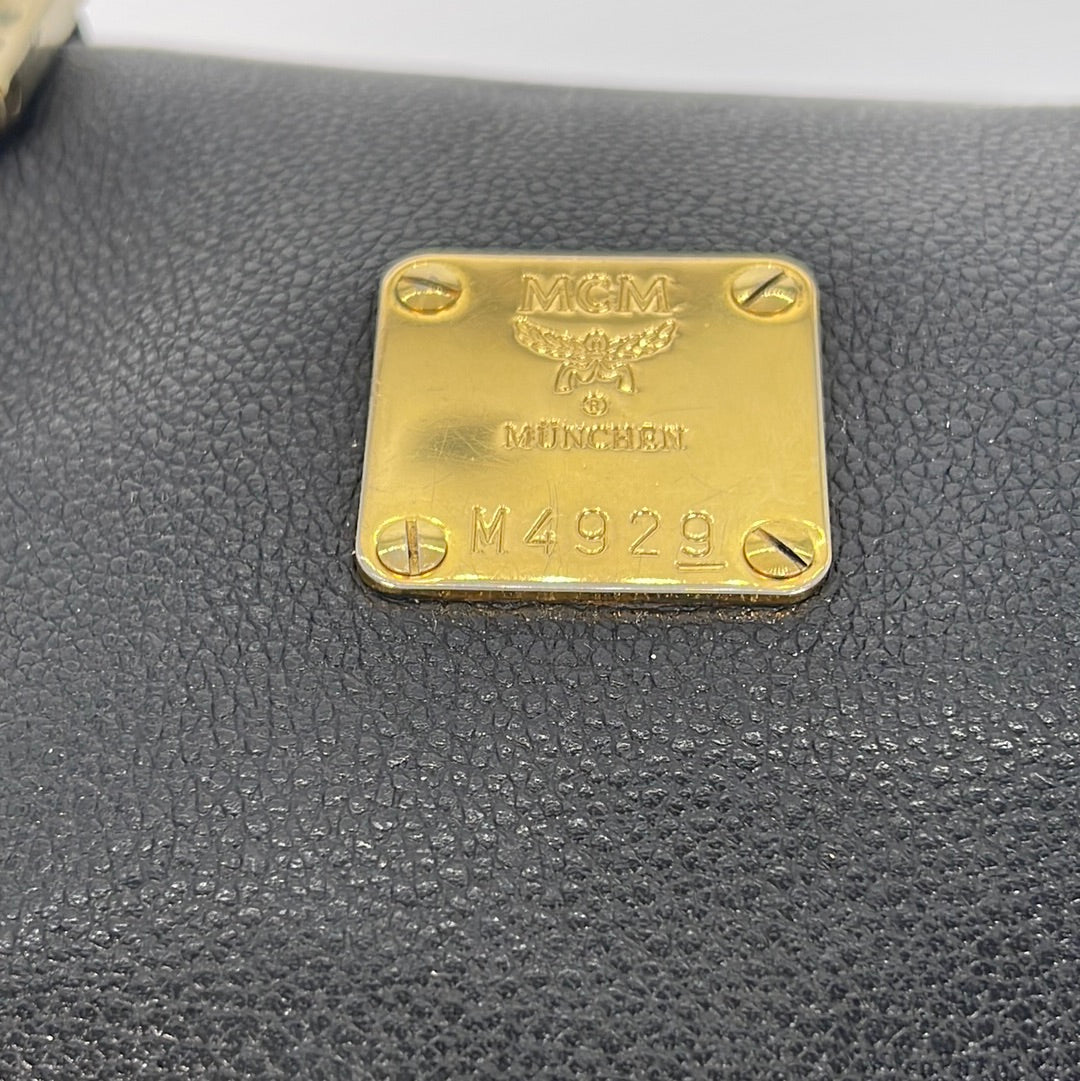 PRELOVED MCM Black Leather and Gold Studded Logo Boston Handbag