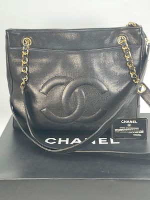 Vintage Chanel CC Chain Shopping Tote Bag White Caviar Gold
