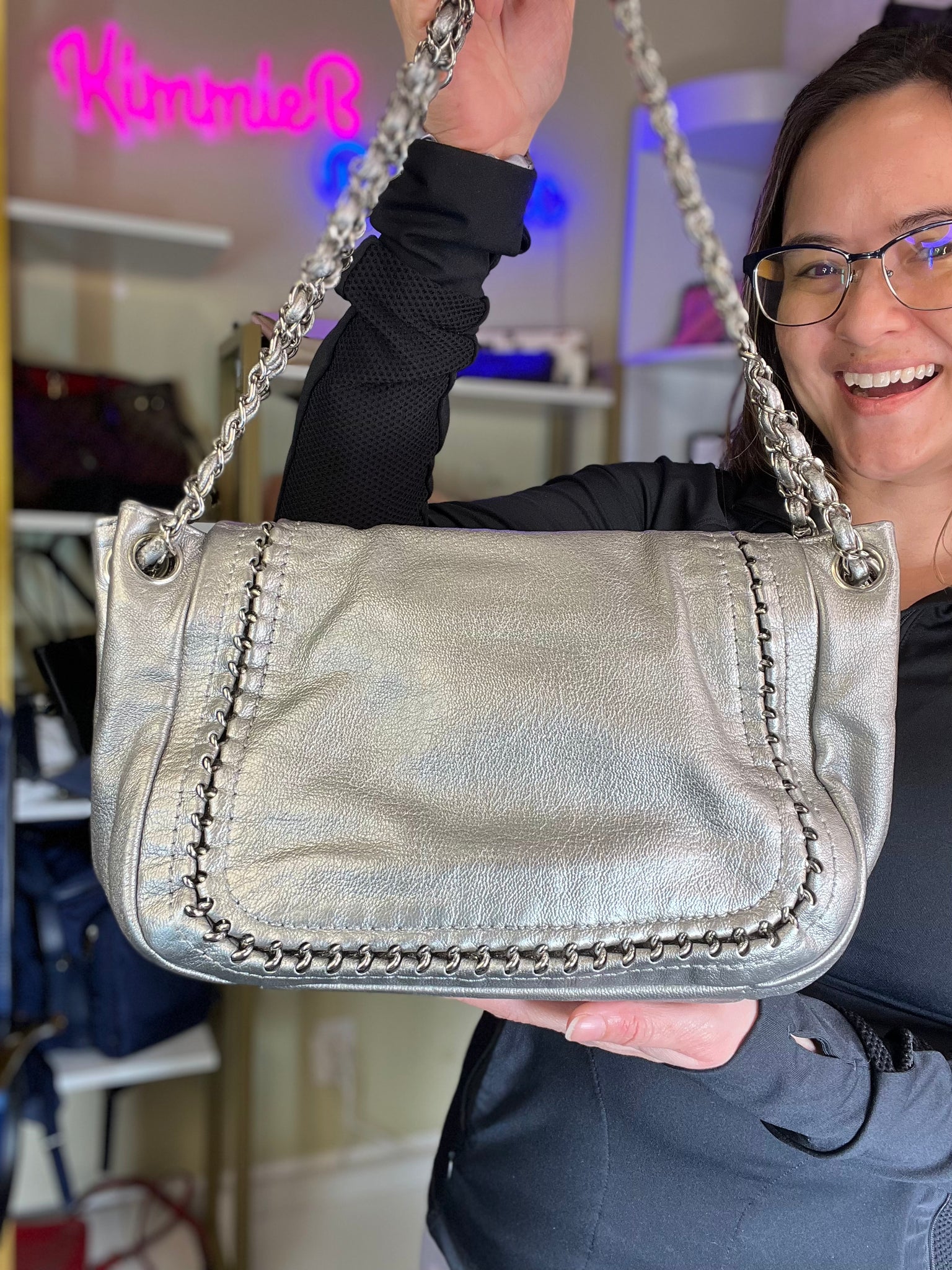 Chanel Silver Leather Luxe Ligne Accordion Flap Bag