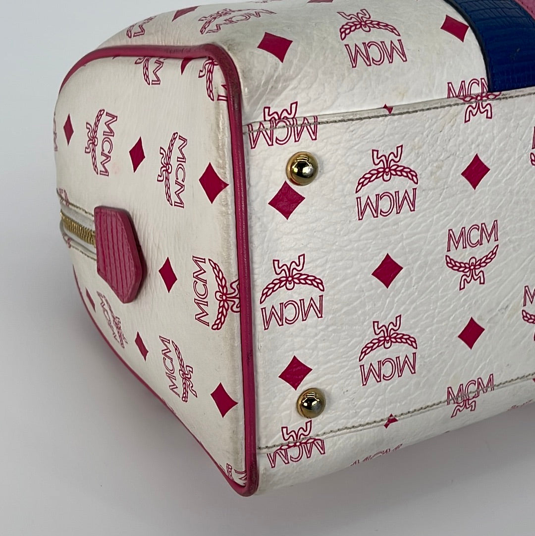 MCM Vintage White Monogram Visetos Boston Bag with BONUS Matching Coin  Pouch!!