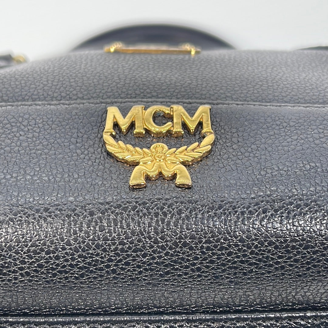MCM Vintage Leather Signature Gold Studs Tote BAG IN BLACK